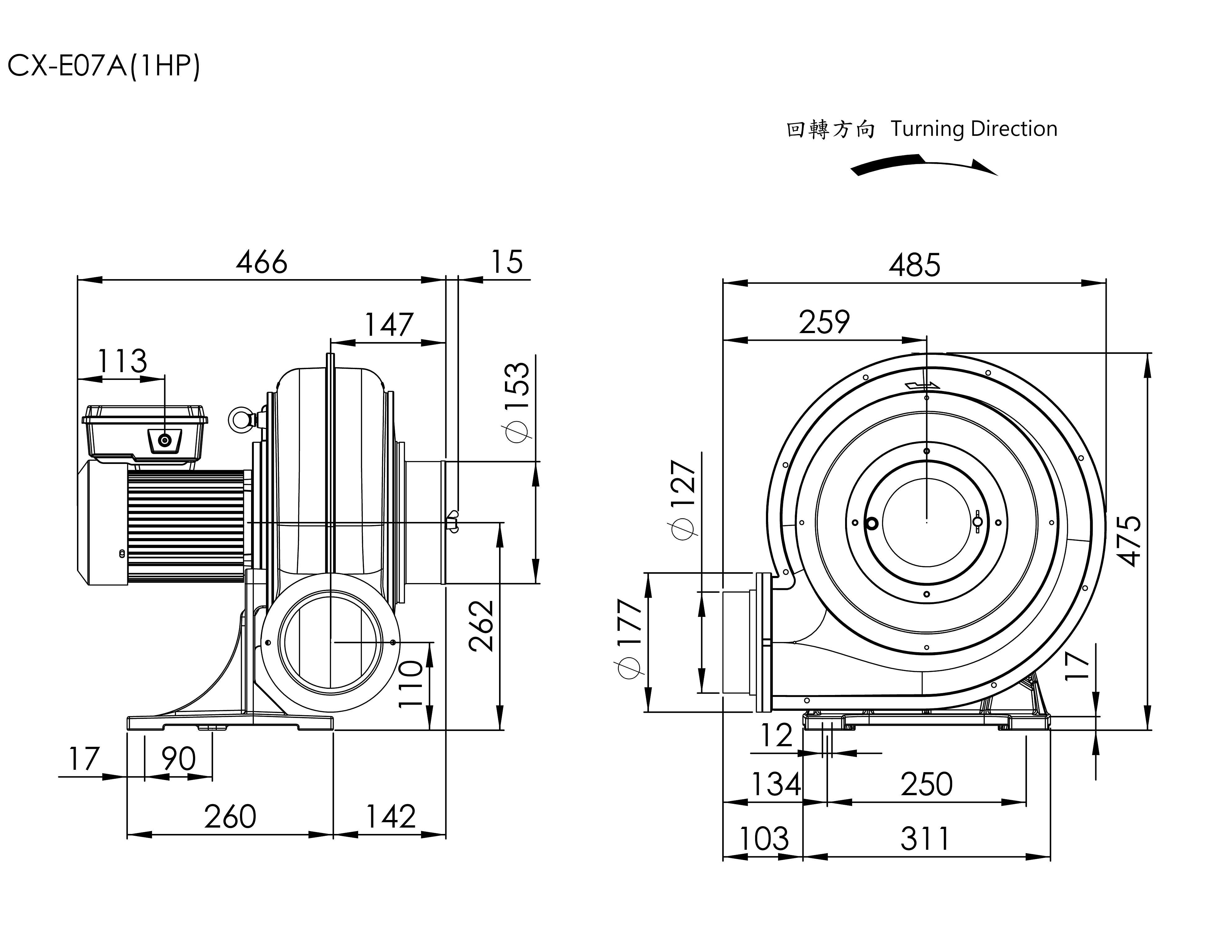 Strong Wind Turbo Blower   CX-E07A    1HP   1Φ