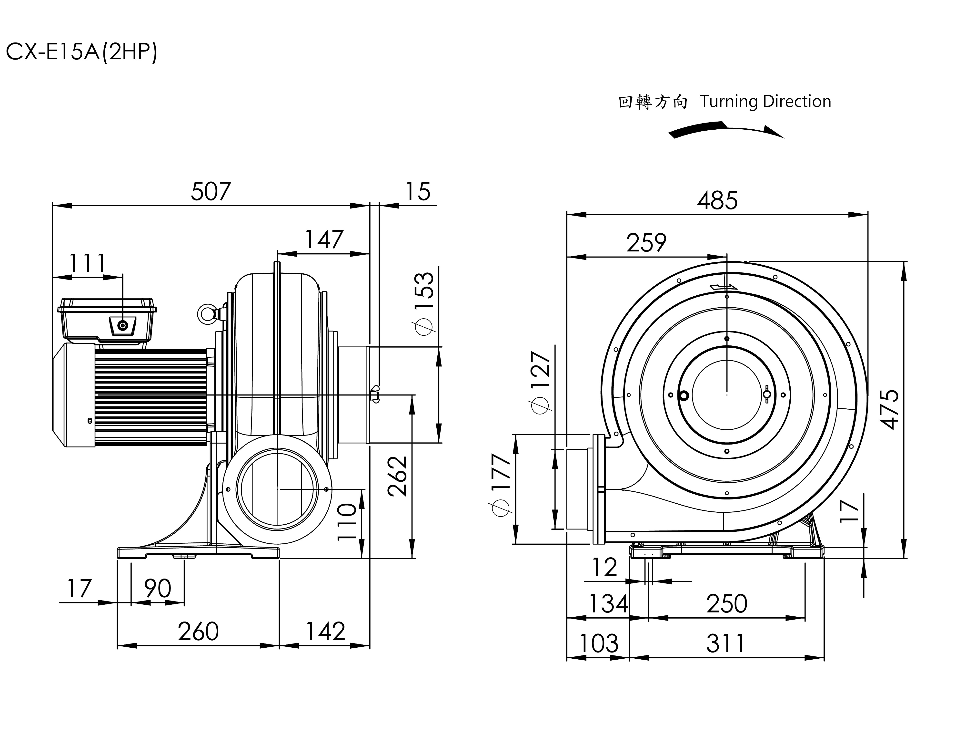 大風量 透浦式鼓風機     CX-E15A    2HP   1Φ